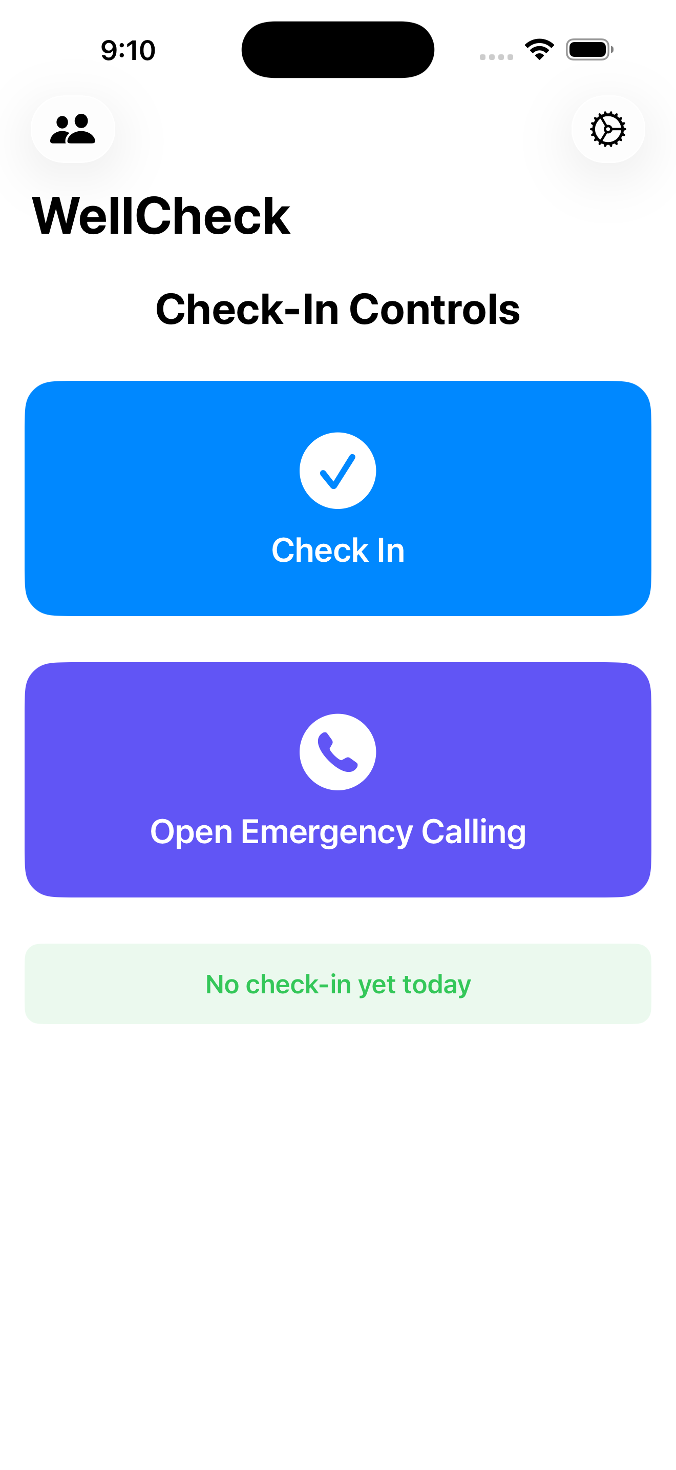 WellCheck home screen with check-in controls