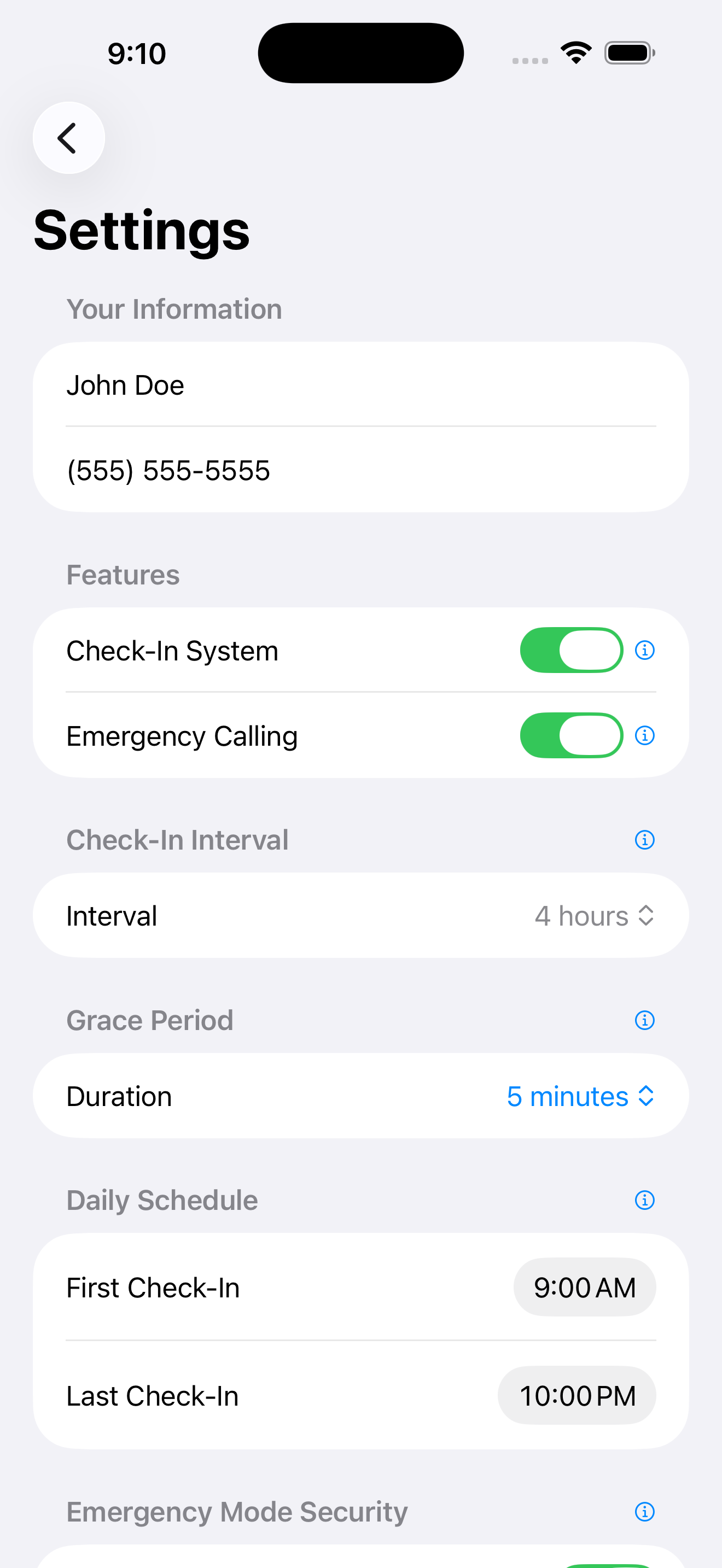 Settings screen