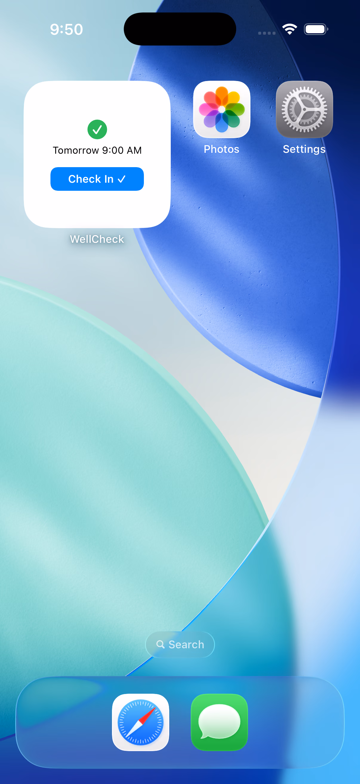 WellCheck home screen widget with Check In button and next check-in time